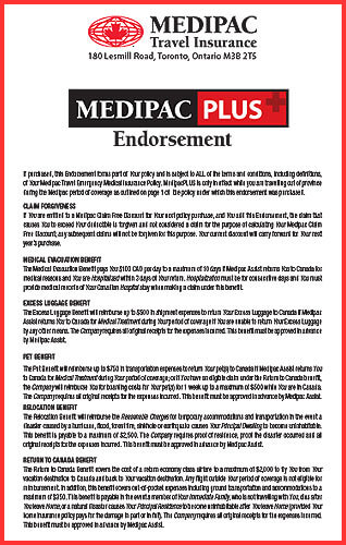 MedipacPLUS Travel Insurance Endorsement 